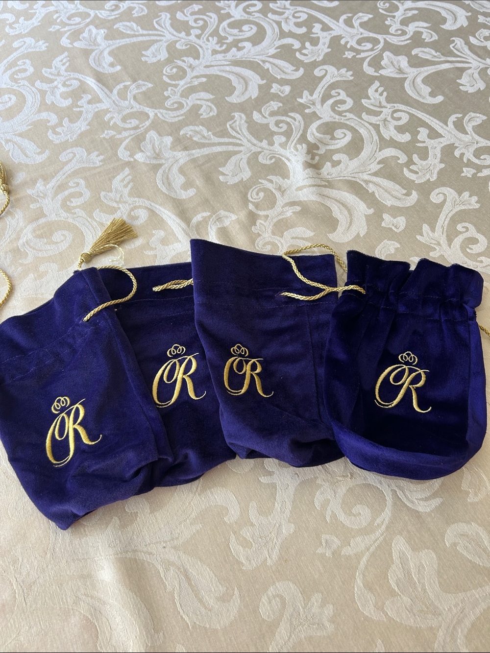Royal Velvet Drawstring Pouches - Gold Embroidered R - Purple